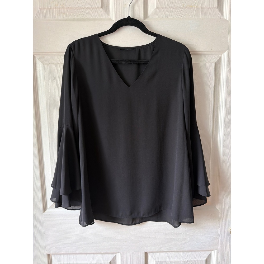Bell Sleeve Blouse Size L Black V-Neck Chiffon Goth Chic Witchy Whimsigoth
